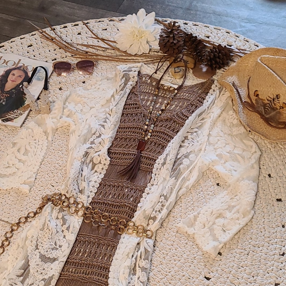 NWT BO HO CROCHET BEIGE UNIQUE LONG DRESS COVERUP - Picture 5 of 16